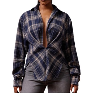 image:imageGORGLITTER Womens Plaid Cinched Waist Shirts V Neck Long Sleeve Fitted Tops Checkered Collared Causal Work BlousesDusty Blue