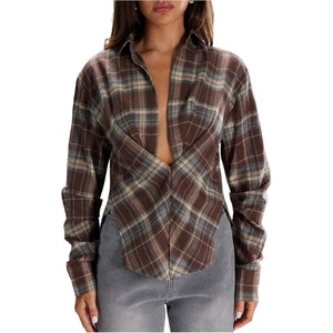 image:imageGORGLITTER Womens Plaid Flannel Shirt Cinched Waist Tops Fitted Long Sleeve Checkered V Neck Fall Blouses Blue and Brown Small