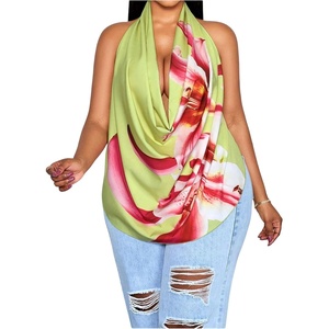 image:imageGORGLITTER Womens Plus Size Halter Tops Floral Draped Cowl Neck Backless Sexy Summer Rave Festival Y2k Going Out TopsGreen