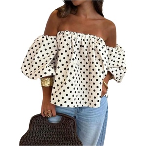 image:imageGORGLITTER Womens Plus Size Polka Dots Off The Shoulder Tops 34 Puff Sleeve Cute Blouses Going Out Outfits 2026White