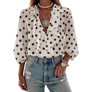 image:imageGORGLITTER Womens Polka Dots Blouse Dressy Ruffle 34 Sleeve V Neck Button Down Shirt Business Casual Office Work TopWhite