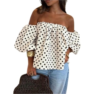 image:imageGORGLITTER Womens Polka Dots Off The Shoulder Blouse Ruched Puff Short Sleeve Flowy Tops Summer Dressy Casual Shirt 2026White