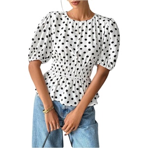 image:imageGORGLITTER Womens Polka Dots Peplum Tops Puff Short Sleeve Ruffle Babydoll Shirt Summer Vacation Flowy Cute BlousesBlack and White
