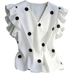 image:imageGORGLITTER Womens Polka Dots Ruffle Tops Chiffon Cap Sleeve Dressy Business Casual V Neck Elegant Blouse ShirtsBlack and White