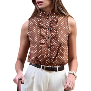 image:imageGORGLITTER Womens Polka Dots Tops Ruffle Collar Button Down Tank Top Sleeveless Business Casual Blouses Under BlazerCoffee Brown