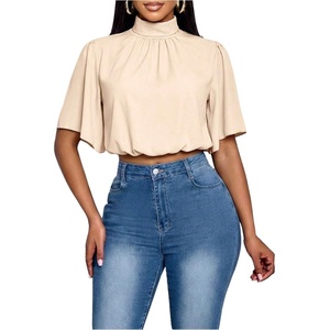 image:imageGORGLITTER Womens Ruched Blouses Mock Neck 34 Sleeve Cropped Shirt Dressy Business Work Casual Crop TopsApricot