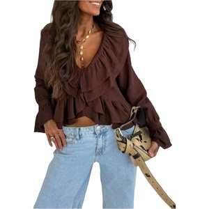 image:imageGORGLITTER Womens Ruffle Long Sleeve Crop Tops Boho Blouse V Neck Cropped Peplum Baby Doll Tops ShirtsCoffee Brown