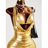 image:imageGORGLITTER Womens 3 Piece Sparkly Metallic Swimsuits String High Cut Thong Bikini Sets with Beach Halter DressGold