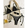 image:imageGORGLITTER Womens Crochet Bikini Set Striped High Cut Cheeky Thong Swimsuit Summer Beach Vcation Bathing Suits BrazilianBlack