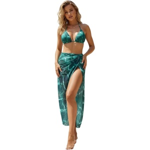 image:imageGORGLITTER Womens 3 Piece Swimsuits Marble Print Halter High Cut Bikini Set with Mesh Split Coverup SkirtsGreen