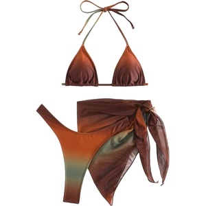 image:imageGORGLITTER Womens 3 Piece Swimsuits Triangle Bikini Set with Mesh Cover Up Beach SkirtCoffee Brown