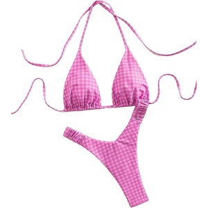 image:imageGORGLITTER Womens Gingham Bikini Sets High Cut Thong Halter Triangle Swimsuits Plaid Bathing SuitsHot Pink