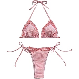 image:imageGORGLITTER Womens Gingham Thong Bikini Set Checkered Plaid Halter Triangle String Swimsuits Summer Ruffle Bathing SuitPink