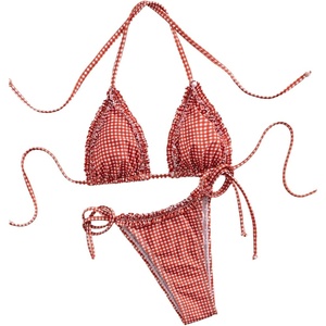 image:imageGORGLITTER Womens Gingham Thong Bikini Set Checkered Plaid Halter Triangle String Swimsuits Summer Ruffle Bathing SuitRed and White
