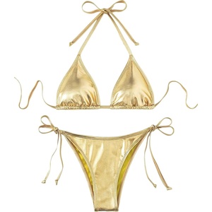 image:imageGORGLITTER Womens Metallic Triangle Bikini Top Halter Tie Side Swimsuit Set 2 Piece Bathing SuitsGold