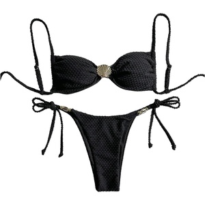 image:imageGORGLITTER Womens Thong Bikini Sets Metal Shell String Tie Swimsuit Brazilian Beach Bathing SuitsBlack