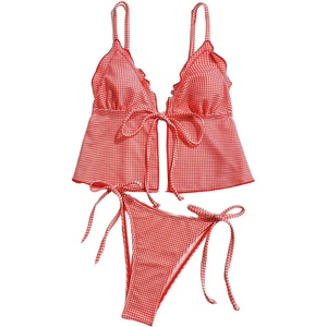 image:imageGORGLITTER Womens Gingham Tankini Set Swimsuit Bow String High Cut Thong Cute Cheeky Beach Vacation 2026 Bathing SuitRed