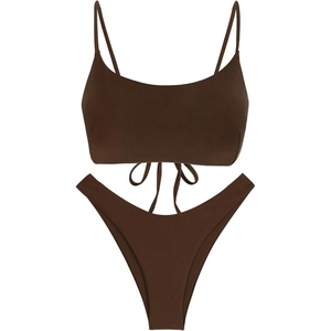 image:imageGORGLITTER Womens High Cut Cheeky Bikini Sets 2 Piece Lace Up Spaghetti Strap Swimsuits Beachwear 2025Khaki