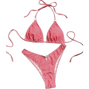 image:imageGORGLITTER Womens High Cut Thong Bikini Set Bow Gingham Cute Halter Triangle Cheeky 2026 Swimsuit Bathing SuitRed