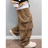 image:imageGORGLITTER Mens Gingham Baggy Cargo Pants Drawstring Waist Plaid Wide Leg Trousers Pants with PocketsKhaki