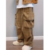 image:imageGORGLITTER Mens Gingham Baggy Cargo Pants Drawstring Waist Plaid Wide Leg Trousers Pants with PocketsKhaki