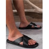 image:imageGORGLITTER Mens Leather Flip Flops Sandals 2026 Footwear Criss Cross House Slippers Summer Beach Slide SandalsBlack