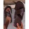 image:imageGORGLITTER Mens Leather Flip Flops Sandals 2026 Footwear Criss Cross House Slippers Summer Beach Slide SandalsBrown