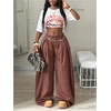image:imageGORGLITTER Womens Baggy Barrel Pant Low Rise Pleated Cargo Oversized Wide Leg Business Dress Casual TrousersBrown