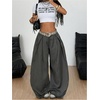 image:imageGORGLITTER Womens Baggy Barrel Pant Low Rise Pleated Cargo Oversized Wide Leg Business Dress Casual TrousersDark Grey Striped