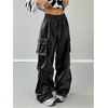 image:imageGORGLITTER Womens PU Leather Pants Baggy Cargo Y2k Elastic High Waisted Wide Leg Track Pants Trousers StreetwearBlack