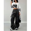image:imageGORGLITTER Womens PU Leather Pants Baggy Cargo Y2k Elastic High Waisted Wide Leg Track Pants Trousers StreetwearBlack