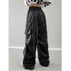 image:imageGORGLITTER Womens PU Leather Pants Baggy Cargo Y2k Elastic High Waisted Wide Leg Track Pants Trousers StreetwearBlack