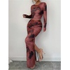 image:imageGORGLITTER Womens Two Piece Sets Tie Dye Long Sleeve Crop Top and Ruched Bodycon Long Skirt Matching OutfitsRed