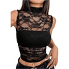 image:imageGORGLITTER Womens Gothic Lace Rave Festival Tank Top Y2K Goth Mesh Sleeveless Mock Neck See Through Going Out Crop TopBlack