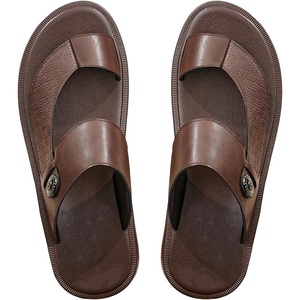 image:imageGORGLITTER Mens Beach Leather Double Band Studded Sandals Toe Post Flat Shoes Pu Slide SlippersCoffee