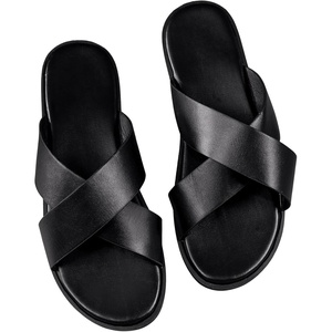 image:imageGORGLITTER Mens Leather Flip Flops Sandals 2026 Footwear Criss Cross House Slippers Summer Beach Slide SandalsBlack