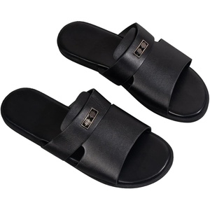 image:imageGORGLITTER Mens Leather Flip Flops Sandals 2026 Footwear Criss Cross House Slippers Summer Beach Slide SandalsBlack 3