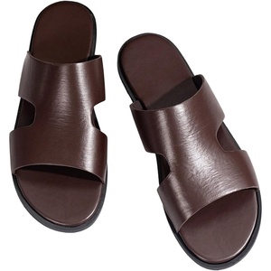 image:imageGORGLITTER Mens Leather Flip Flops Sandals 2026 Footwear Criss Cross House Slippers Summer Beach Slide SandalsSolid Brown