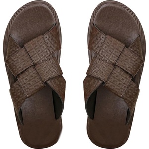 image:imageGORGLITTER Mens Leather Slip On Roman Sandals Beach Casual Summer Open Toe Cross Cutout Slides SandalsCoffee Brown