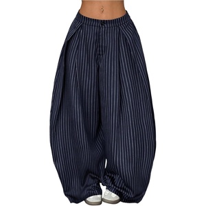 image:imageGORGLITTER Womens Baggy Barrel Pant Low Rise Pleated Cargo Oversized Wide Leg Business Dress Casual TrousersDark Blue