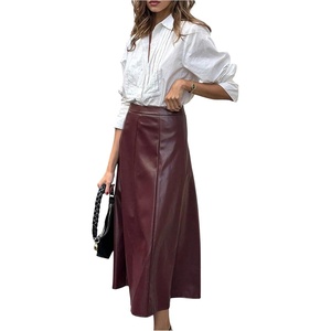 image:imageGORGLITTER Womens Faux Leather Maxi Skirt High Waisted Flared Fall Business Casual Work A Line Long SkirtsBurgundy