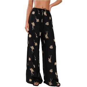 image:imageGORGLITTER Womens Graphic Baggy Pants Embroideried Beach Vacation Wide Leg Drawstring High Waist Straight Leg TrousersBlack