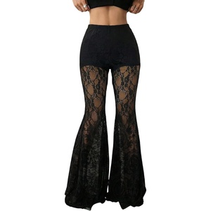 image:imageGORGLITTER Womens Lace Bell Bottom Pants Mesh Flare Leg High Waisted Sheer Sexy Gothic Leggings TrousersBlack D