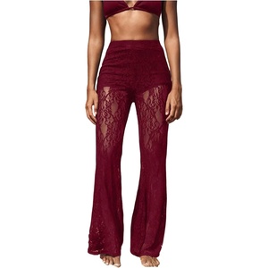 image:imageGORGLITTER Womens Lace Going Out Pants Flare Mesh High Waisted Sexy Sheer Bell Bottom Trousers Leggings Rave OutfitsBurgundy1