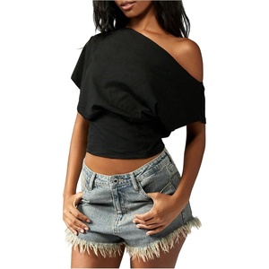 image:imageGORGLITTER Womens Off The Shoulder Crop Tops Cinched Waist Y2K Going Out Top Dolman Short Sleeve 2026 Summer TrendyBlack