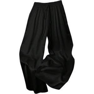 image:imageGORGLITTER Womens Satin Wide Leg Pants Drawstring Waist Baggy Business Casual Flowy Trousers Quiet Luxury ClothesBlack Solid