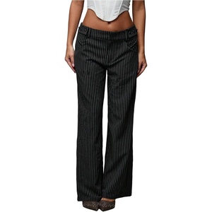 image:imageGORGLITTER Womens Striped Low Rise Dress Pants Straight Wide Leg Business Casual Slacks Trousers with PocketsBlack