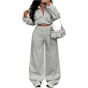 image:imageGORGLITTER Womens Sweatsuits 2 Piece Outfit Zip Up Cropped Sweatshirt and Wide Leg Sweatpants Comfort Lounge SetsGrey