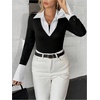 image:imageGORGLITTER Womens Flare Sleeve Work Tee Tops Striped 2 in 1 Slim Fit Shirts Trendy 2026 Business Work OutfitsBlack and White