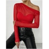 image:imageGORGLITTER Womens Gothic Asymmetrical Neck One Shoulder Mesh Patchwork Tops Y2K Long Sleeve Rave Festival Shirt TopSolid Burgundy